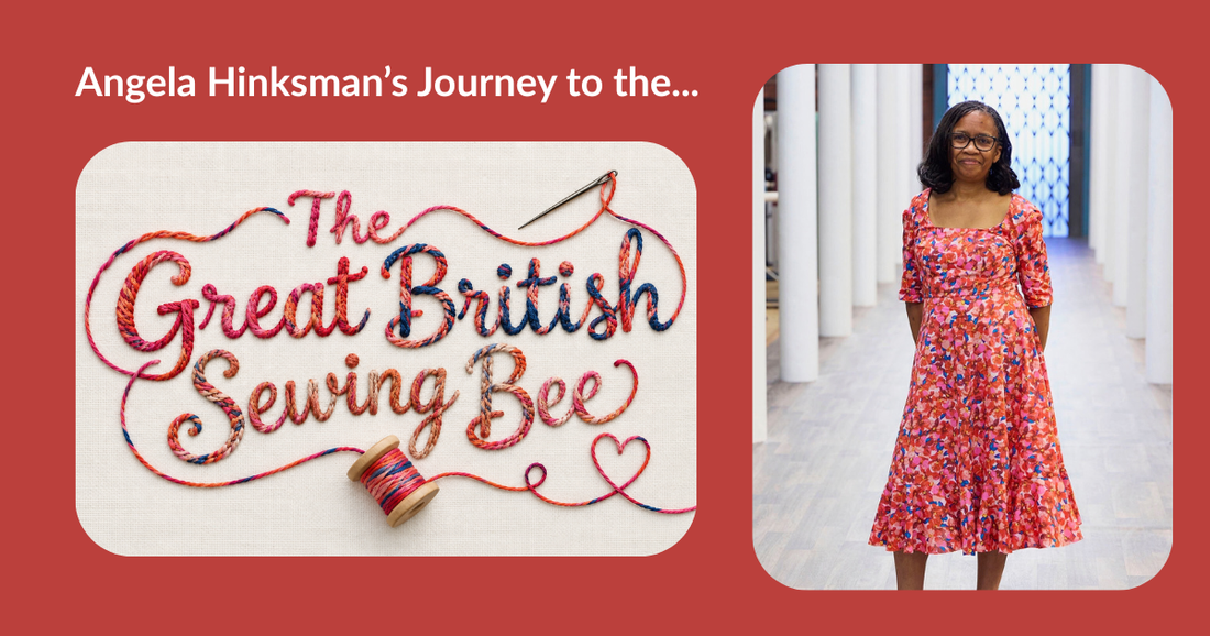 Blog header for Angela Hinksman’s sewing journey, featuring The Great British Sewing Bee logo beside Angela in a colourful floral dress.