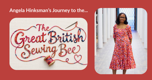 Blog header for Angela Hinksman’s sewing journey, featuring The Great British Sewing Bee logo beside Angela in a colourful floral dress.