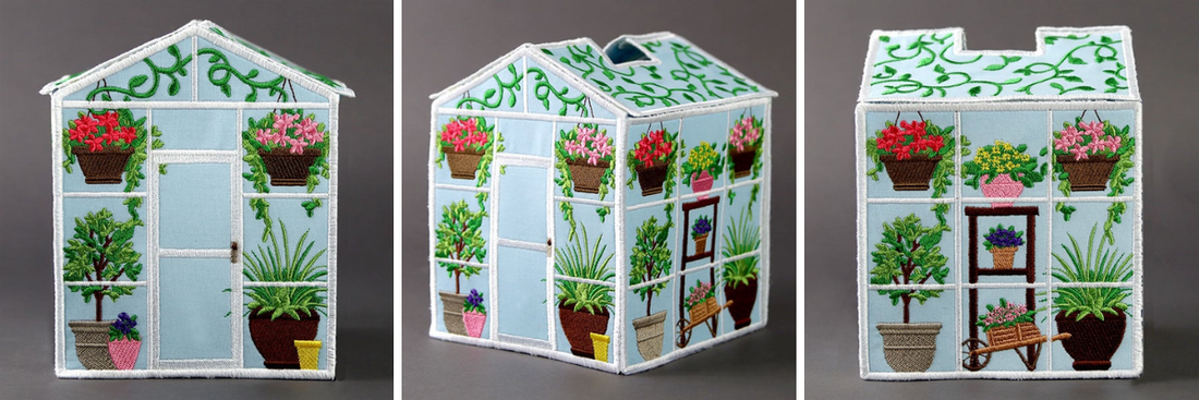Embroidered Greenhouse Tissue Box Cover