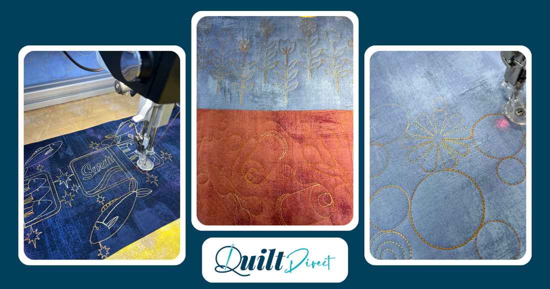 Machine quilting collage: gold thread stitching on navy fabric (left), free-motion quilting on blue and terracotta swatches (centre), and floral circle quilting on pale blue fabric (right). Quilt Direct.