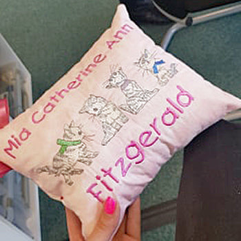Finished embroidered cat cushion made by a complete beginner at the Quilt Direct BERNINA Studio in Tavistock