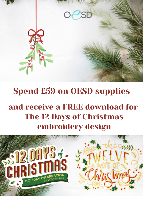 12 Days of Christmas Holiday Celebration by Loni Harris. Spend £59 on OESD supplies and receive a free download for The 12 Days of Christmas embroidery design. OESD.