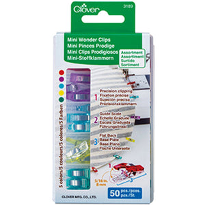 Packaging of Clover Mini Wonder Clips with colorful clips inside on a white background