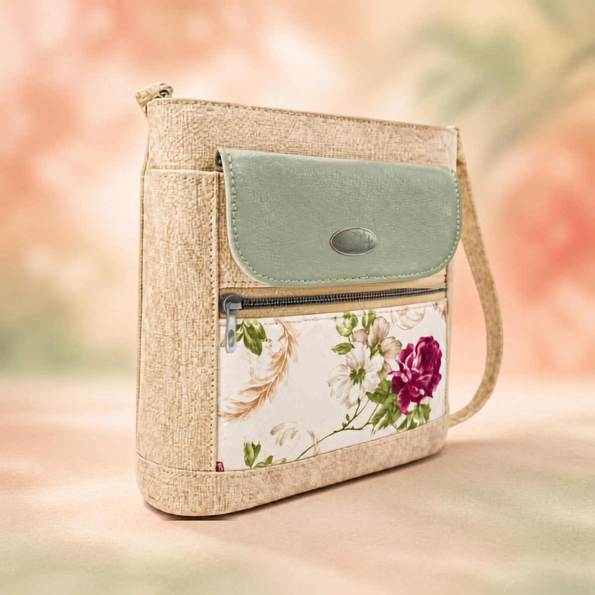Beige textured crossbody bag with a pale green flap, zip pocket and floral print front panel.
