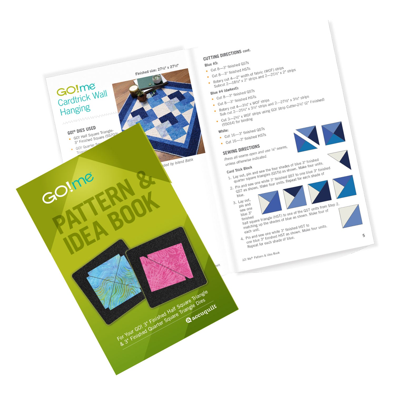 Green pattern and idea book with quilt design on a white background
