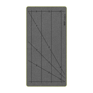 AccuQuilt GO! Small Strip Cutter die plate showing three strip sections with printed angled guide lines at 30°, 45°, and 60° on grey foam surface with lime green border