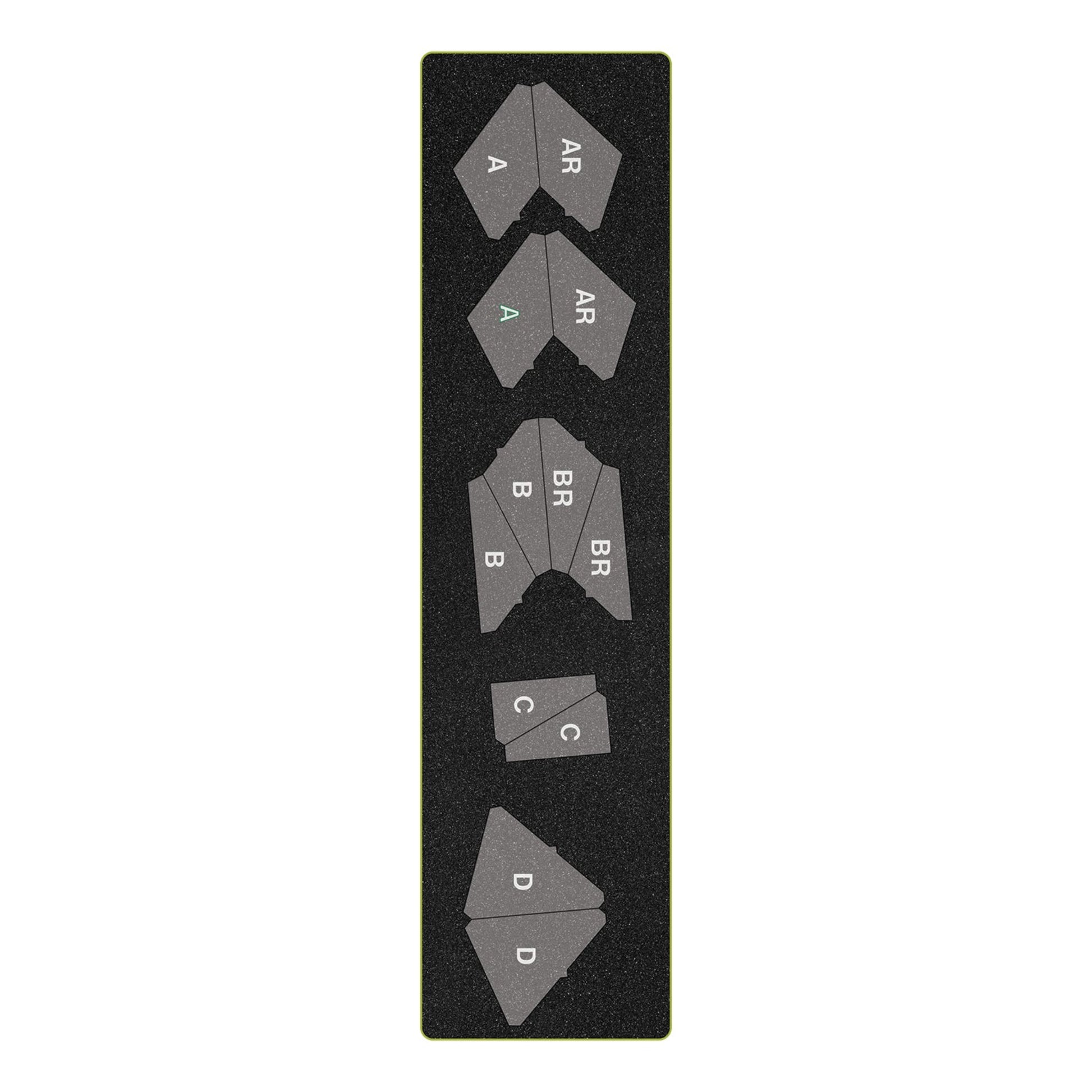 AccuQuilt GO! Double Star 10" Finished Block on Board die foam insert showing all 12 labelled shape cutters: A, AR, B, BR, C and D arranged vertically on a black foam board with green border