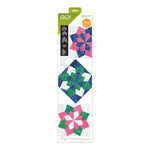 AccuQuilt GO! Double Star 10" Finished Block on Board die packaging showing three completed quilt block samples in pink, blue, green and white fabrics, with die shapes displayed and compatible cutter logos including GO!, GO! Big, GO! Bolt and GO! Me