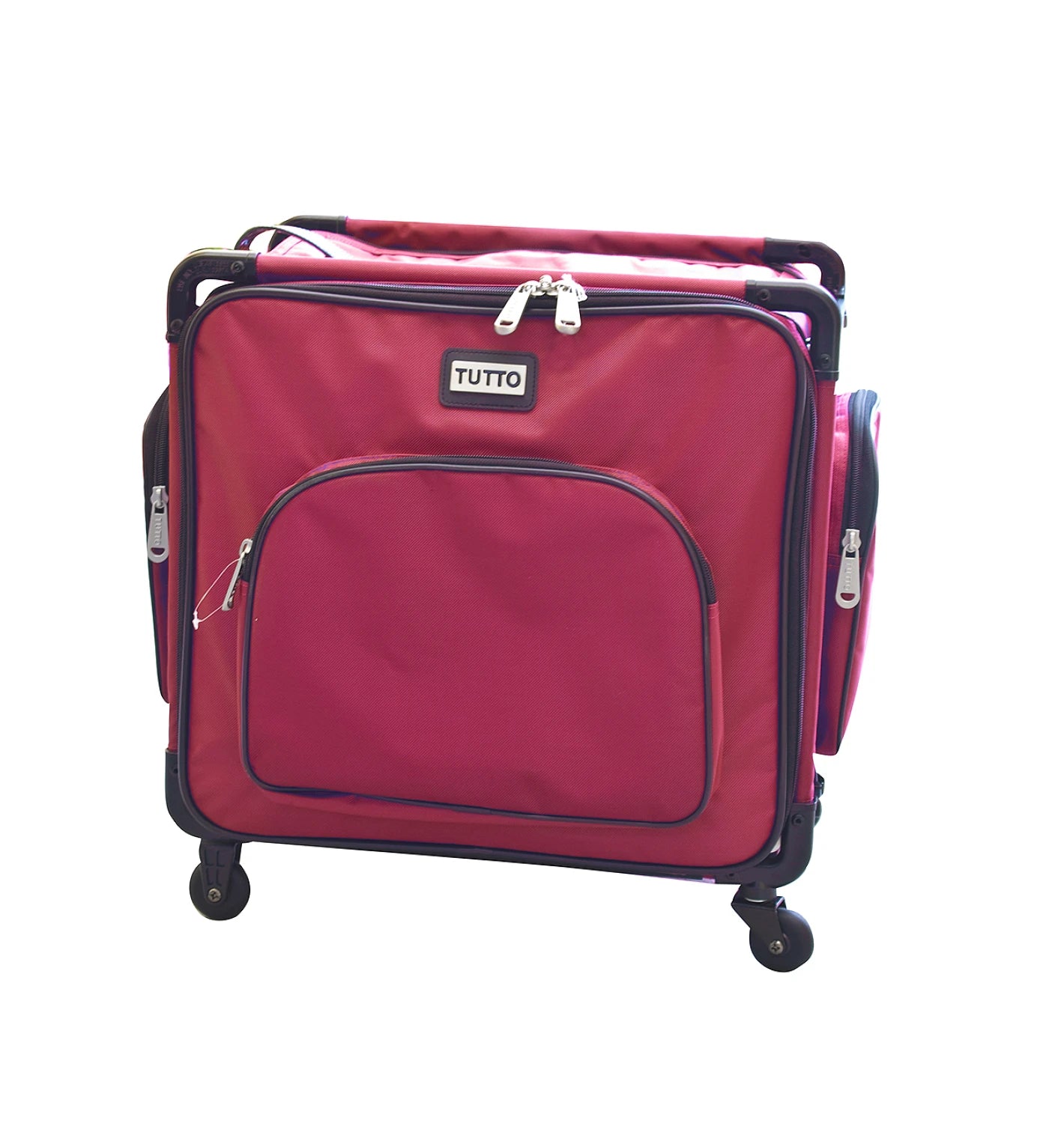 Red suitcase with black accents and 'Tutto' branding on a white background