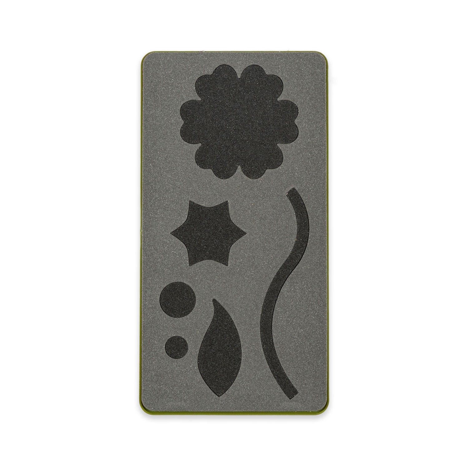 AccuQuilt GO! Round Flower cutting die shown flat with the flower, stem, leaf and circle shapes cut through