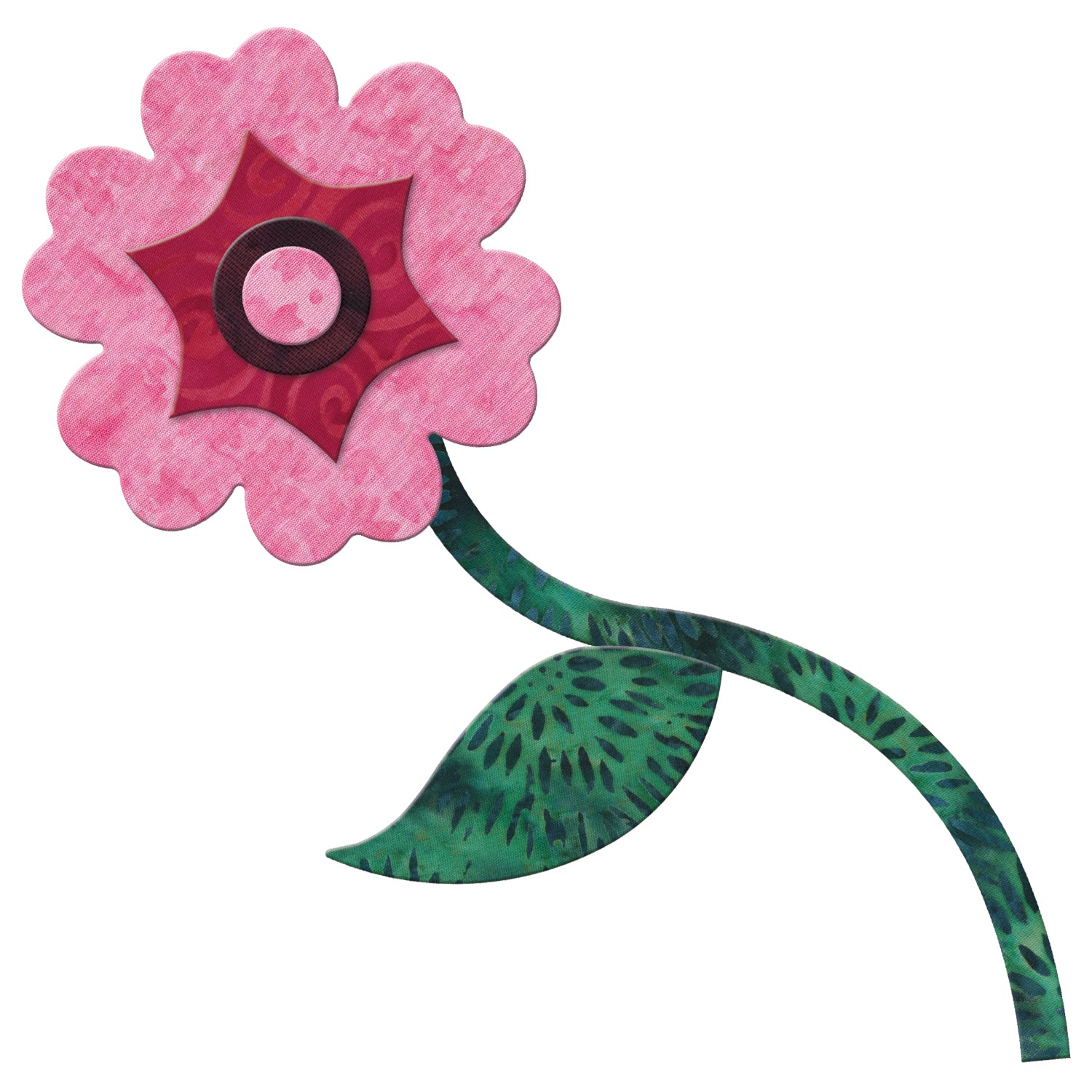 AccuQuilt GO! Round Flower fabric shapes assembled into a pink flower with dark pink centre, green stem and leaf