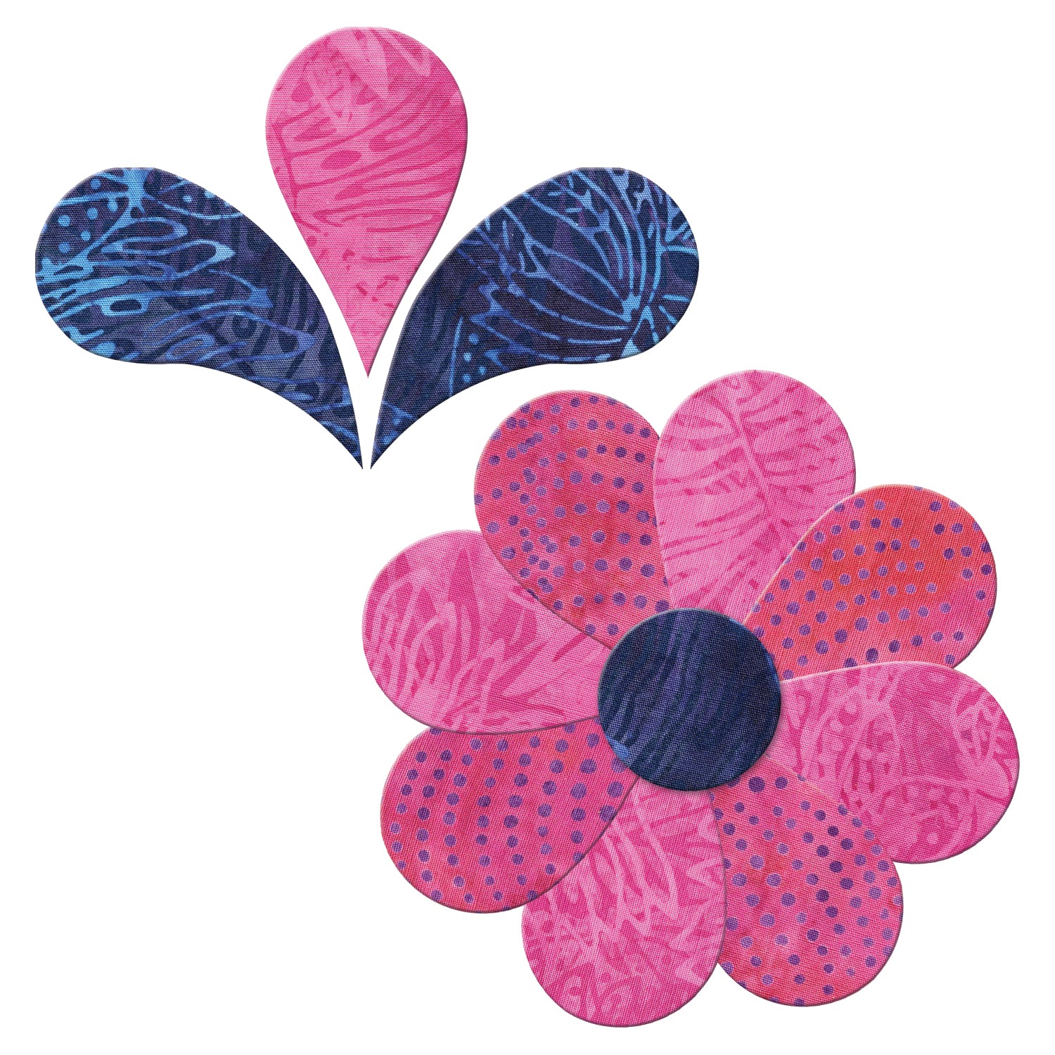 AccuQuilt GO! Feathers shapes assembled into a pink dotted flower with navy centre, plus a pink and navy feather-petal fan
