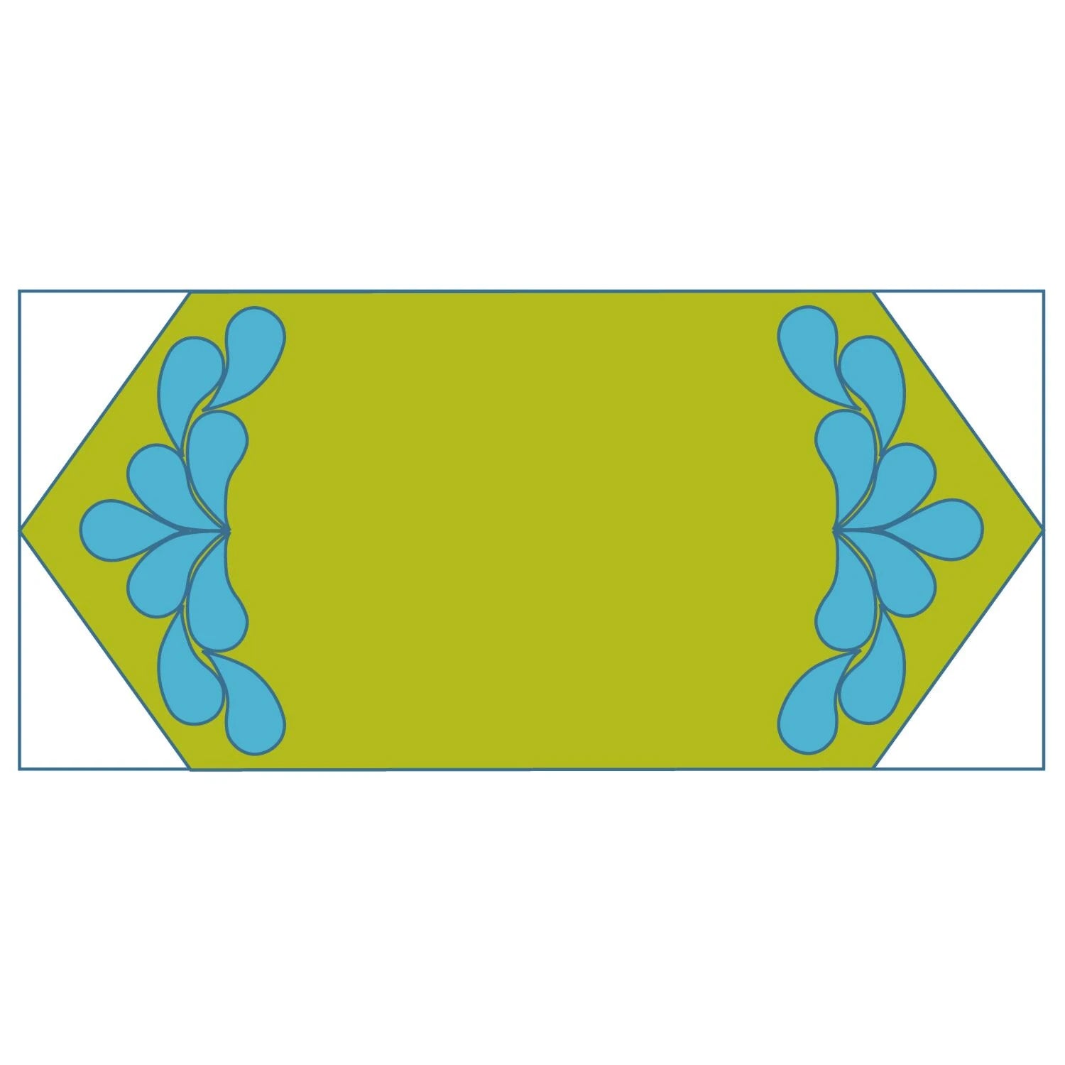 Design diagram of a green bowtie block with blue feather-shaped fans on each side