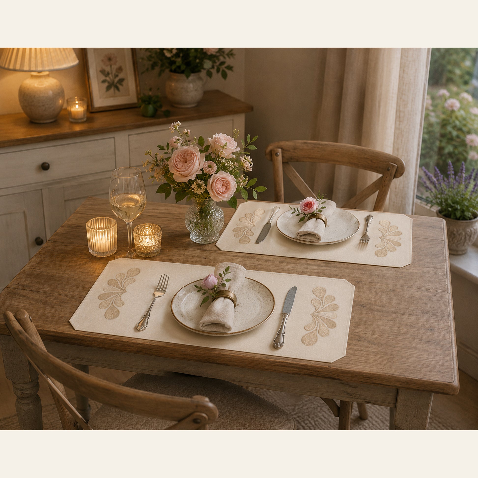 Cream placemats with an embroidered feather-fan corner motif, styled on a table with roses and candles