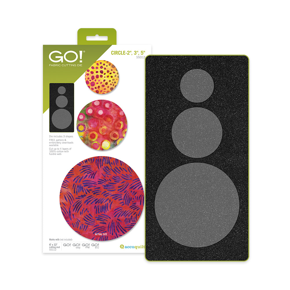 AccuQuilt GO! Circle die packaging with 2, 3 and 5 inch fabric circle swatches and the die itself