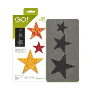 AccuQuilt GO! Star die packaging showing fabric star cutouts and the star-shaped die in 2, 3 and 4 inch sizes
