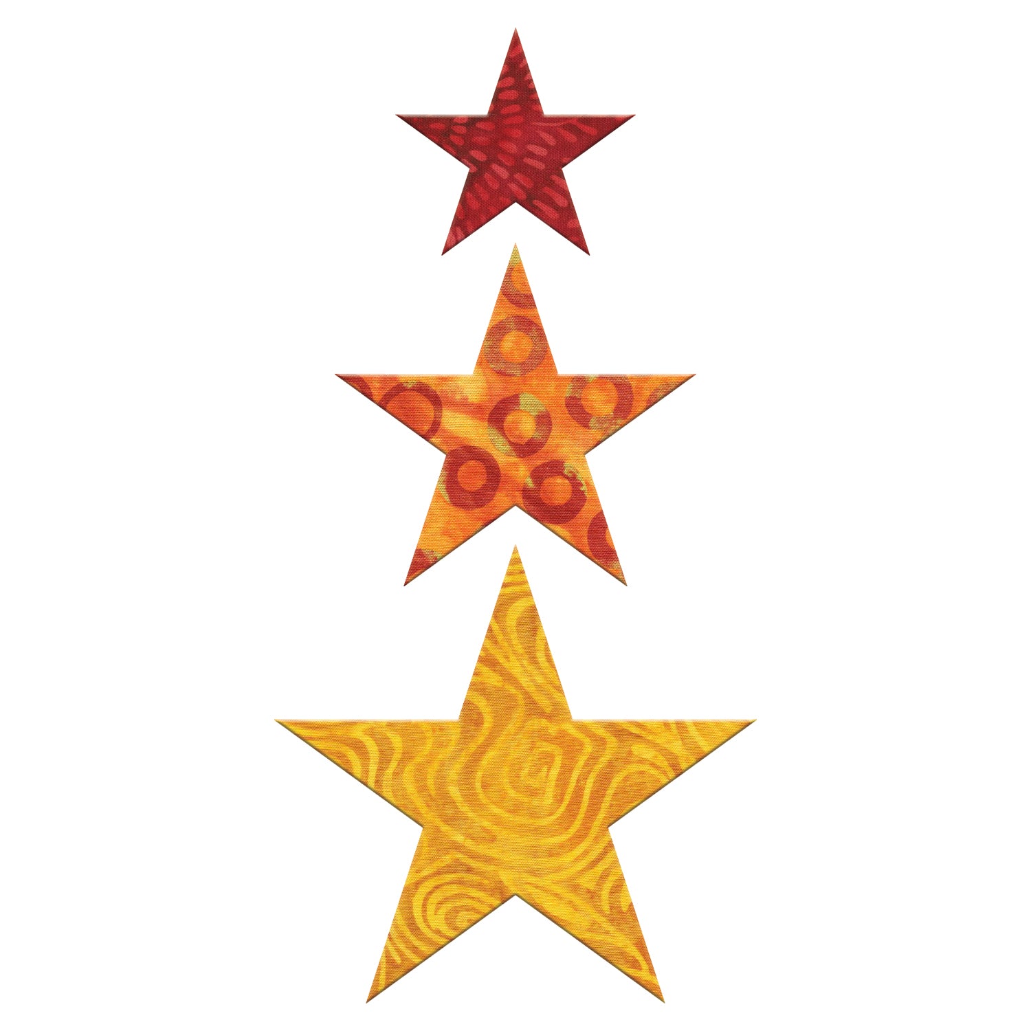AccuQuilt GO! Star fabric shapes in red, orange print and yellow swirl, cut in 2, 3 and 4 inch sizes
