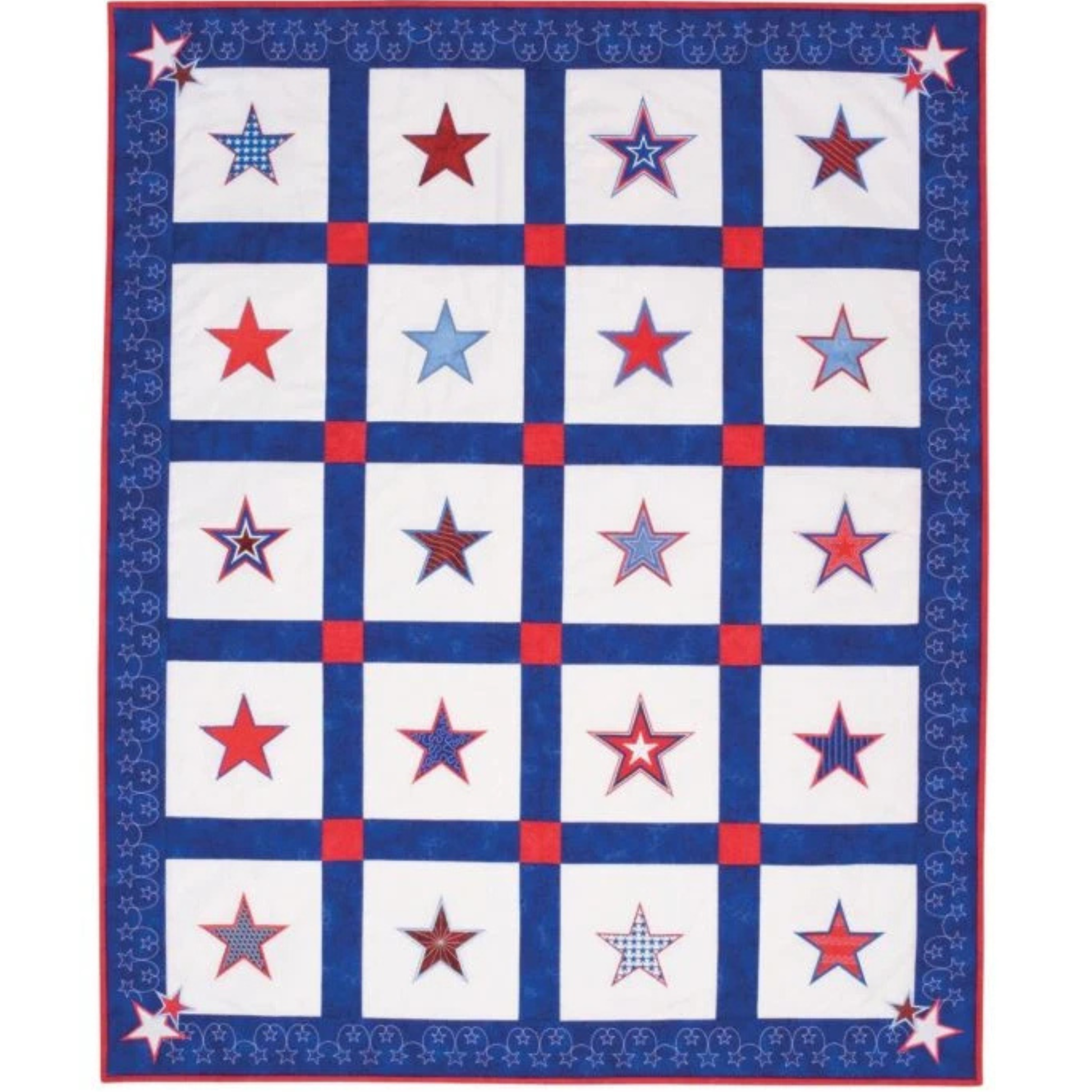 AccuQuilt GO! Star die shapes appliqued into a red, white and blue block quilt