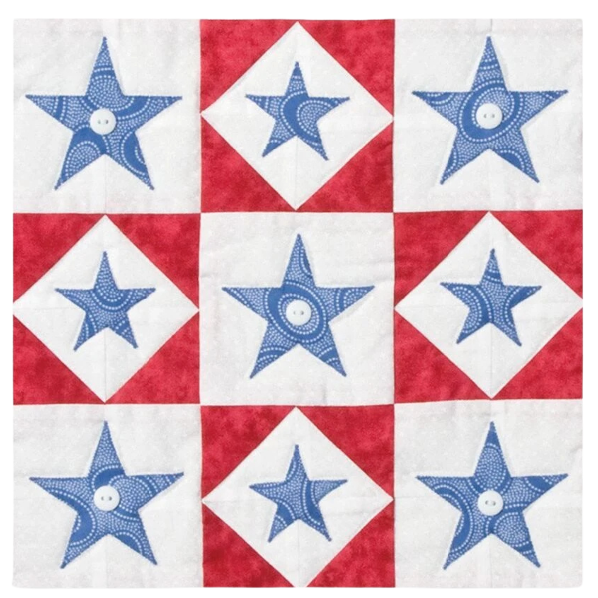 AccuQuilt GO! Star die used for blue button-centre applique stars on a red and white block