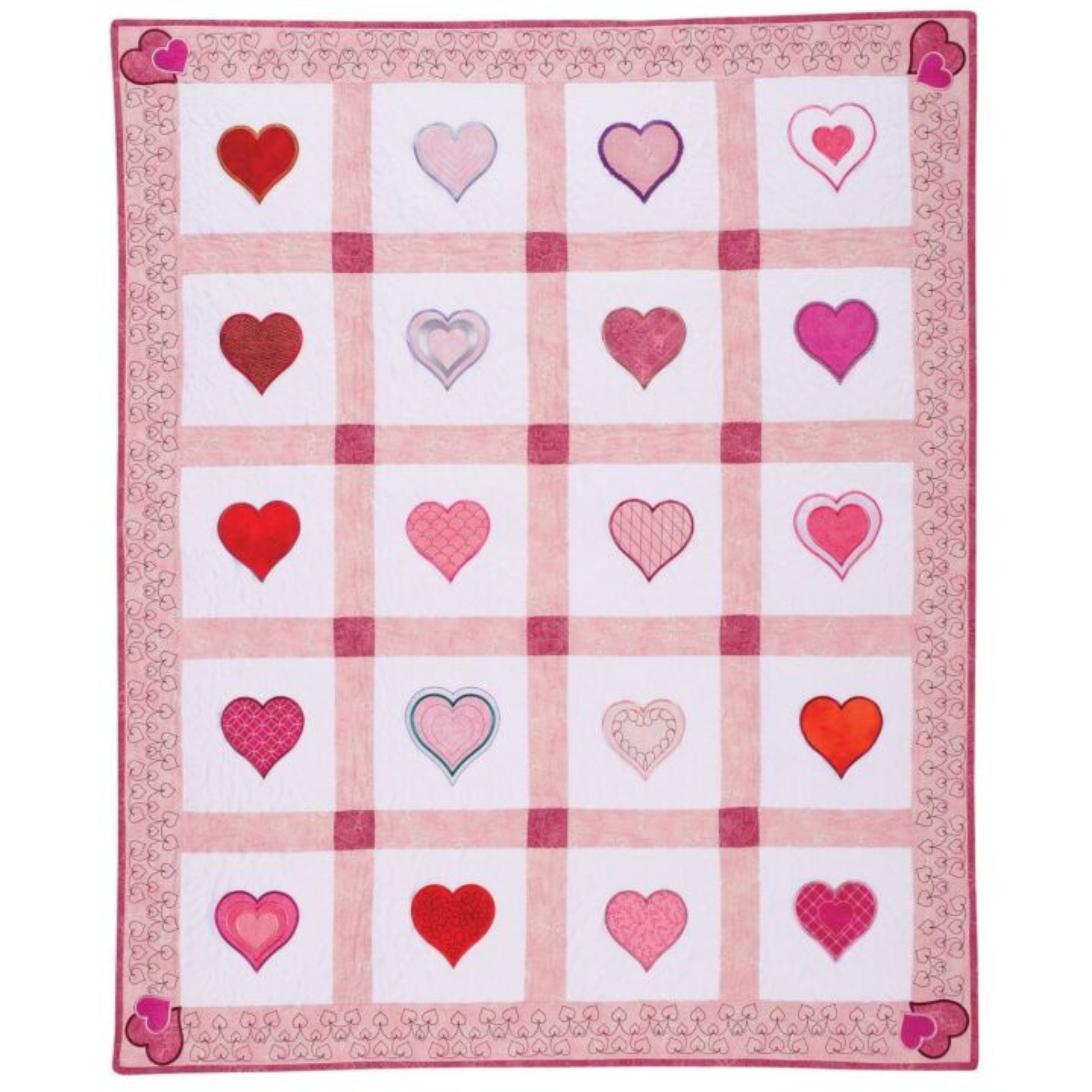 AccuQuilt GO! Heart shapes appliqued in 20 different pink and red designs on a heart-print quilt