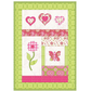 Quilt pattern design featuring three layered hearts, a pink gingham flower and a butterfly block