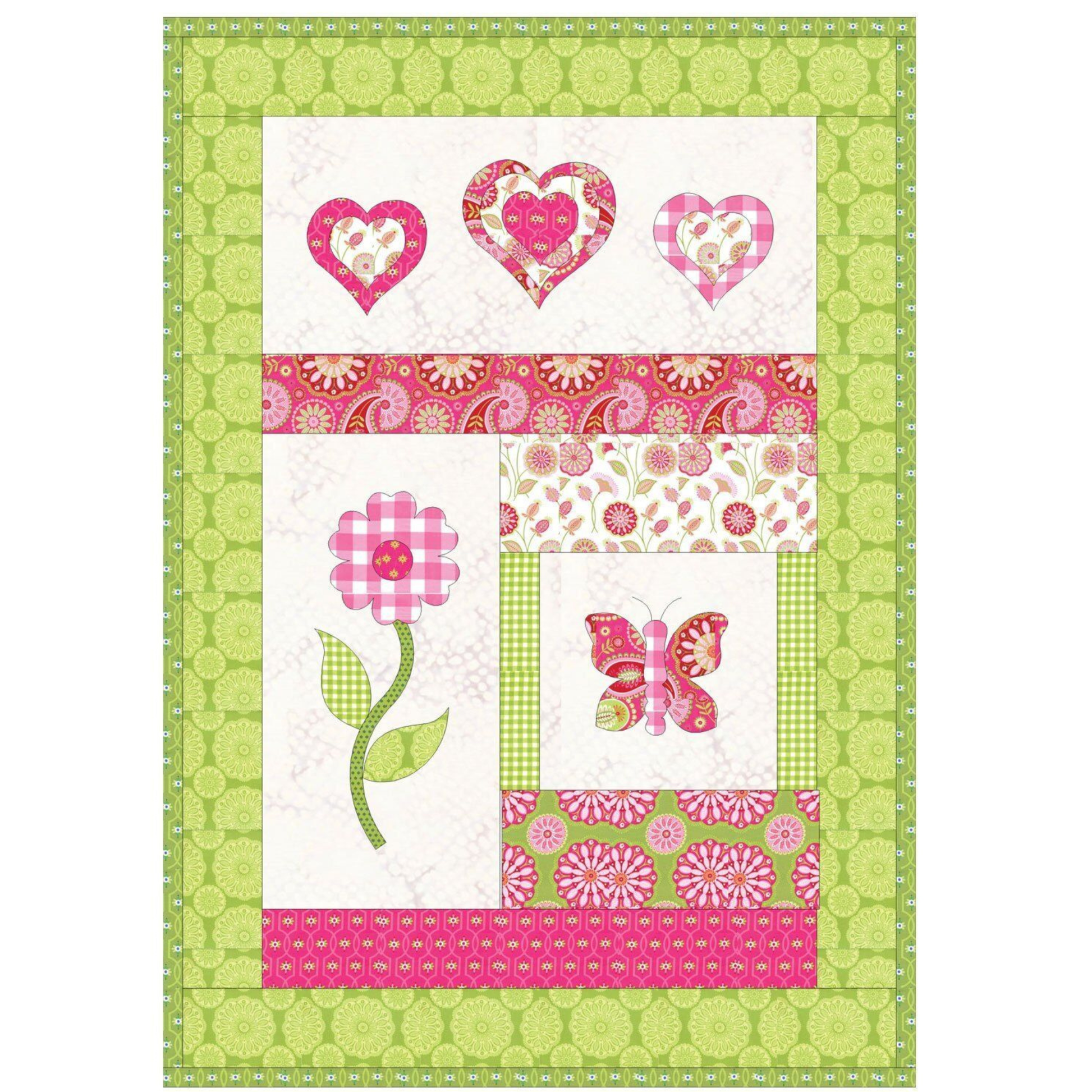 Quilt pattern design featuring three layered hearts, a pink gingham flower and a butterfly block