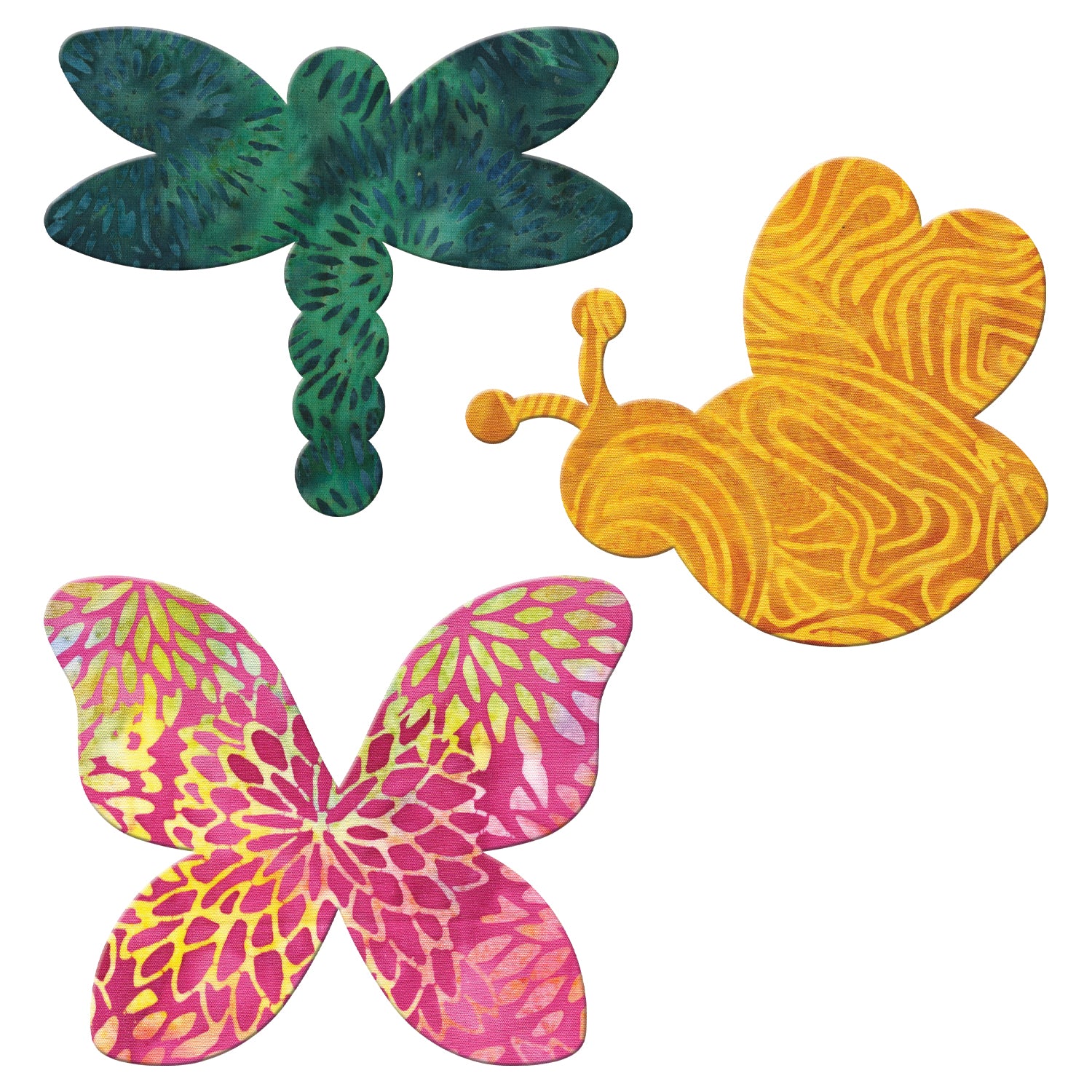 AccuQuilt GO! Critters fabric shapes in green dragonfly, orange bee and pink batik butterfly prints