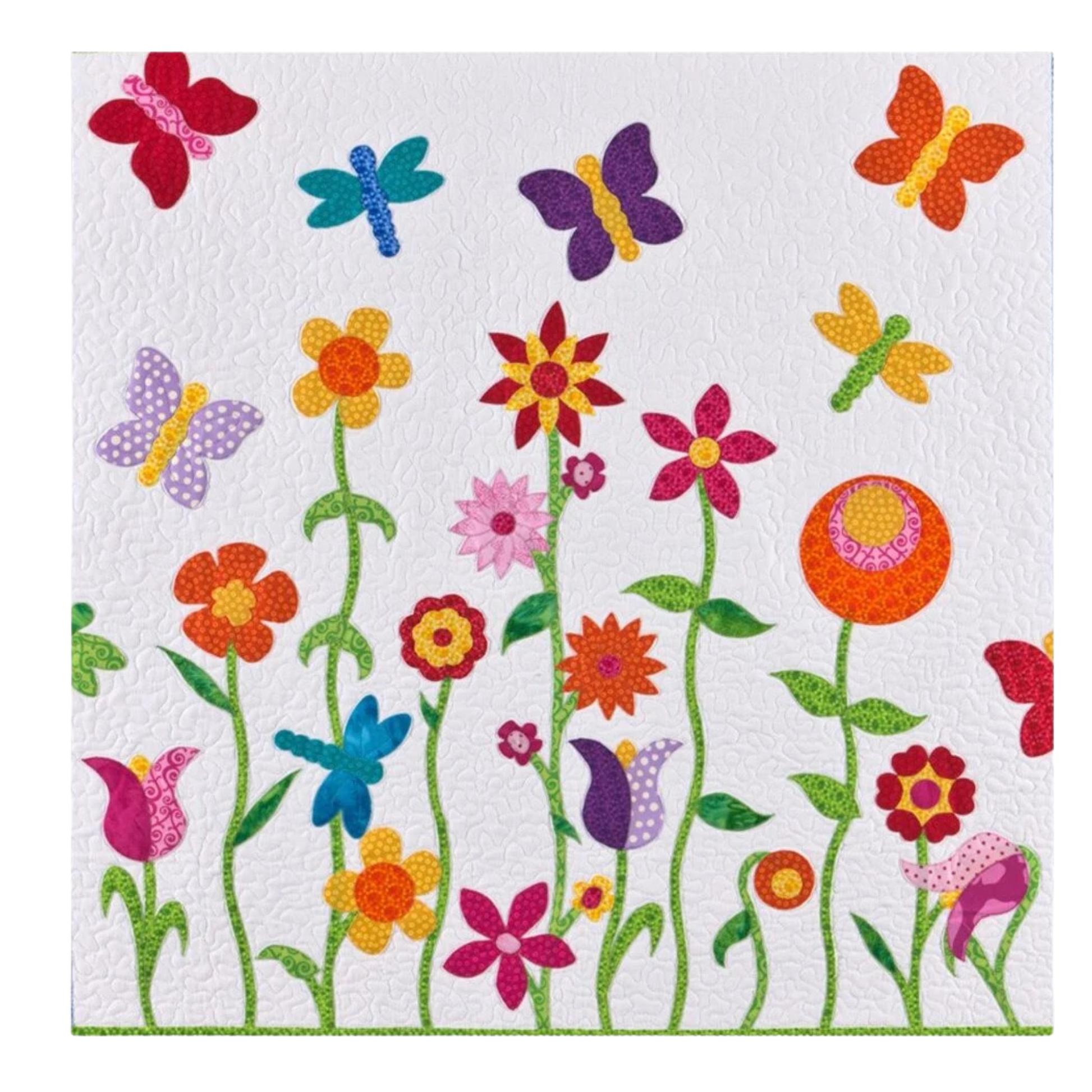 AccuQuilt GO! Critters dragonflies and butterflies appliqued among colourful flowers on a quilt
