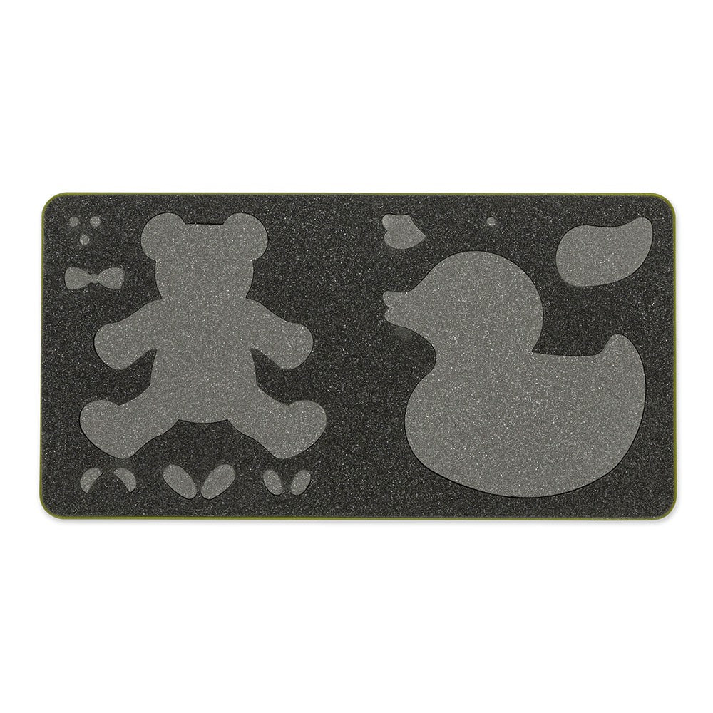 AccuQuilt GO! Baby, Baby cutting die shown flat with bear and duck pieces including ears, paws and wings