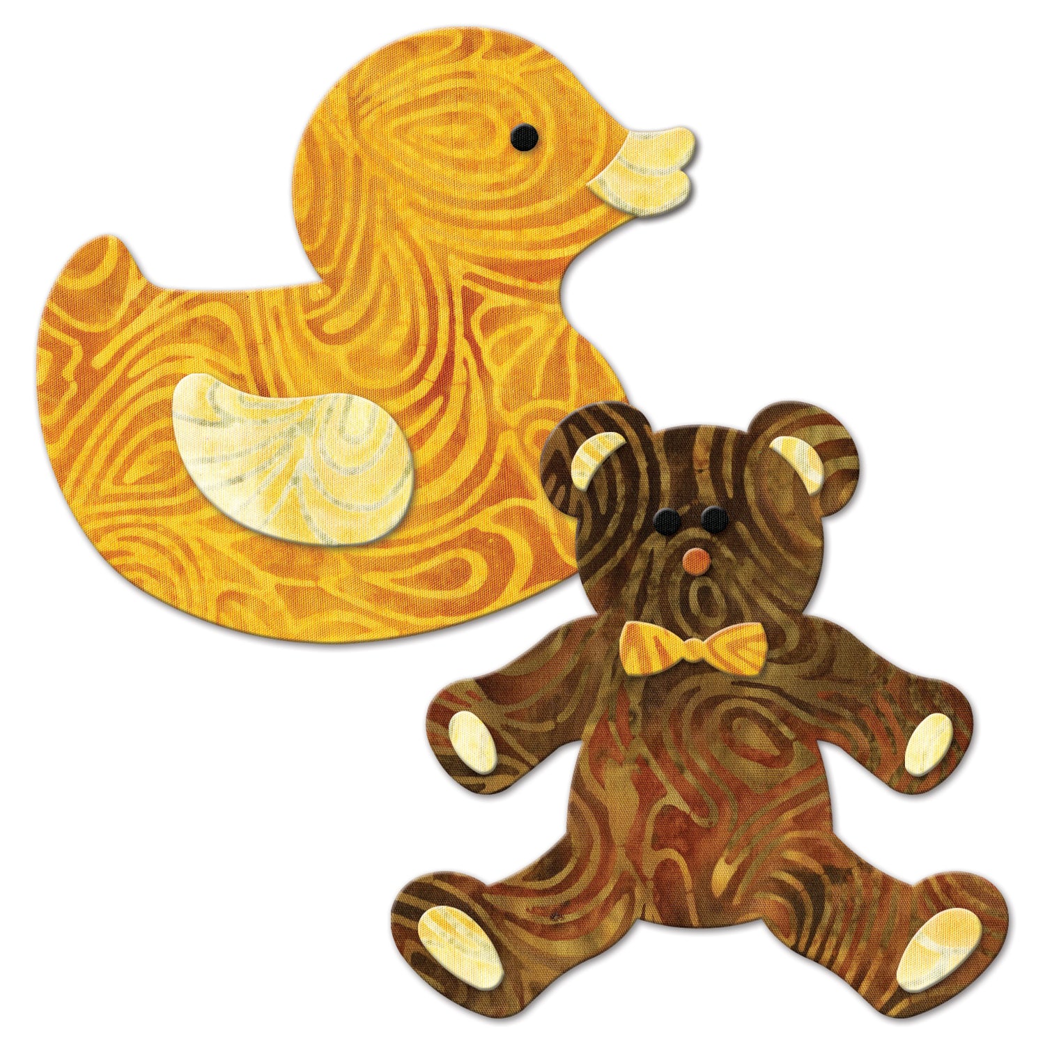 AccuQuilt GO! Baby, Baby shapes forming a brown teddy bear with bow tie and a yellow batik duck