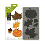 AccuQuilt GO! Fall Medley die packaging with a maple leaf, oak leaf, acorn and pumpkin in batik fabric