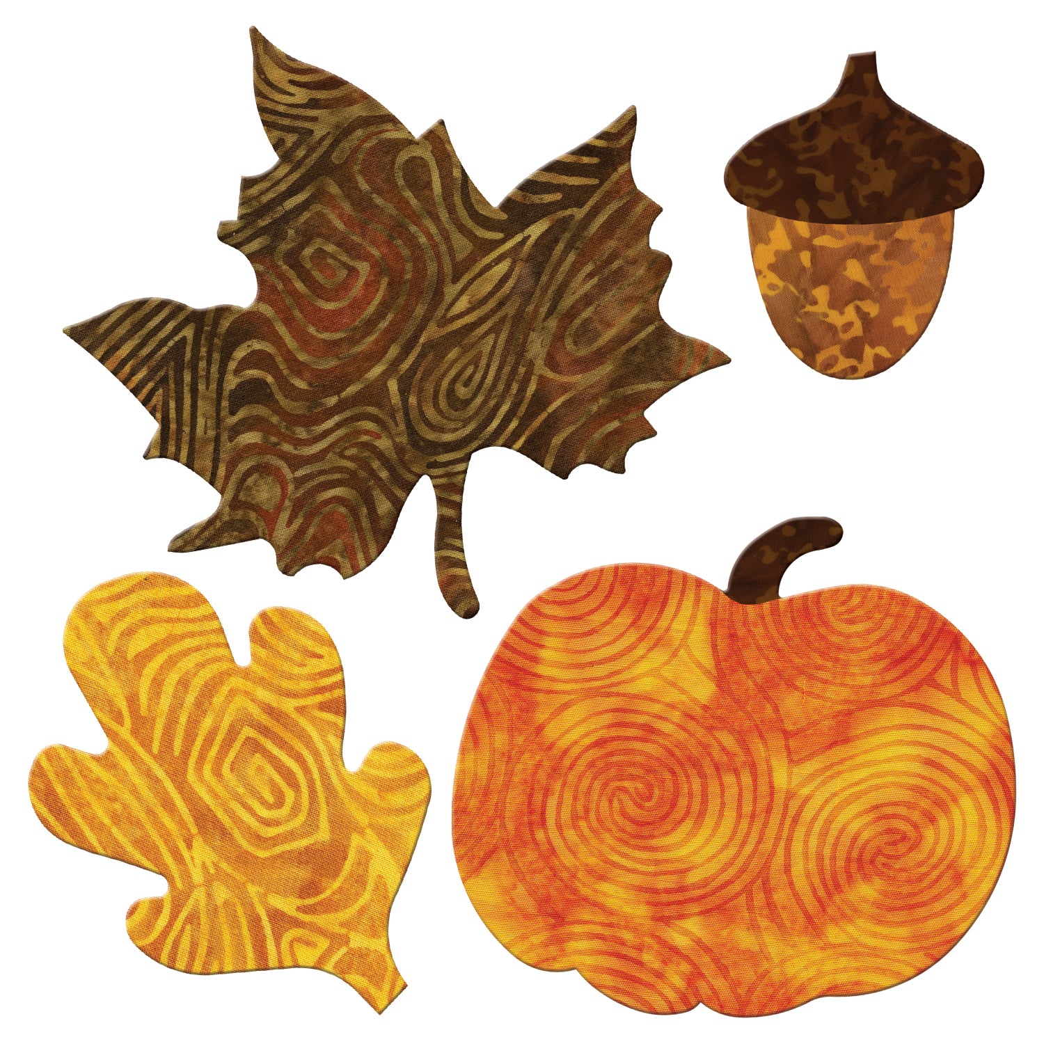 AccuQuilt GO! Fall Medley shapes in brown maple leaf, tan acorn, yellow oak leaf and orange pumpkin prints