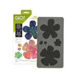 AccuQuilt GO! Funky Flowers die packaging with blue, pink and green batik flowers in two sizes