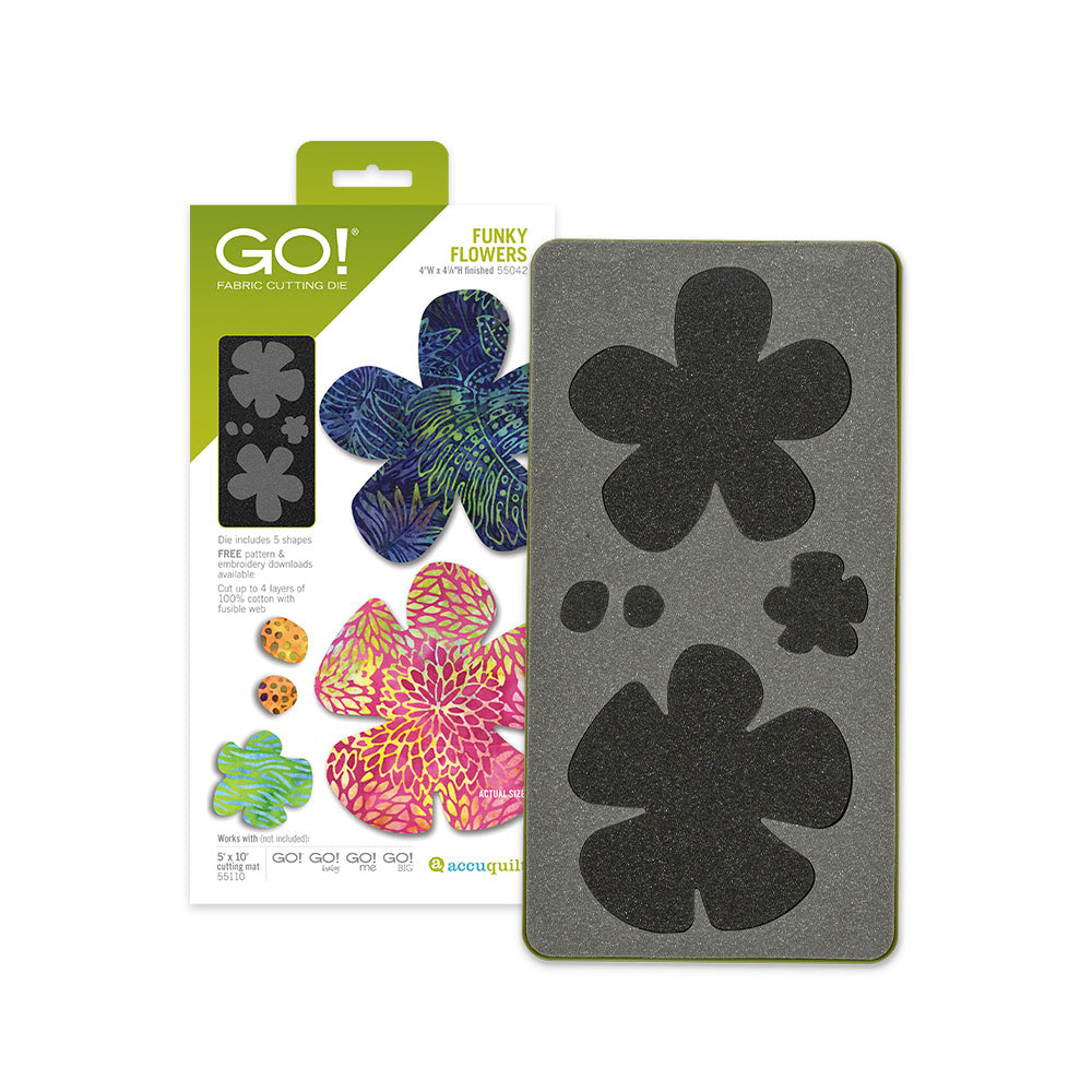 AccuQuilt GO! Funky Flowers die packaging with blue, pink and green batik flowers in two sizes