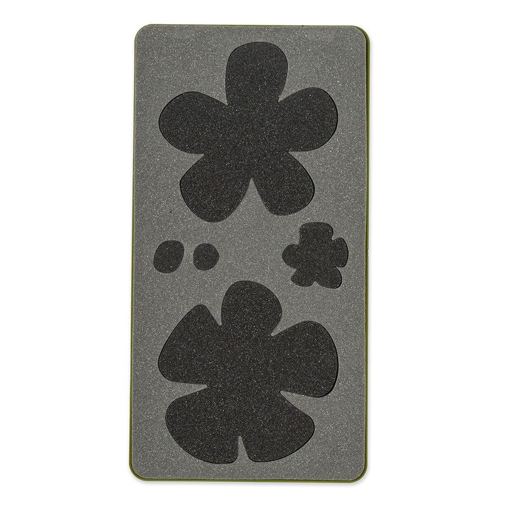 AccuQuilt GO! Funky Flowers cutting die shown flat with two large and one small flower shape