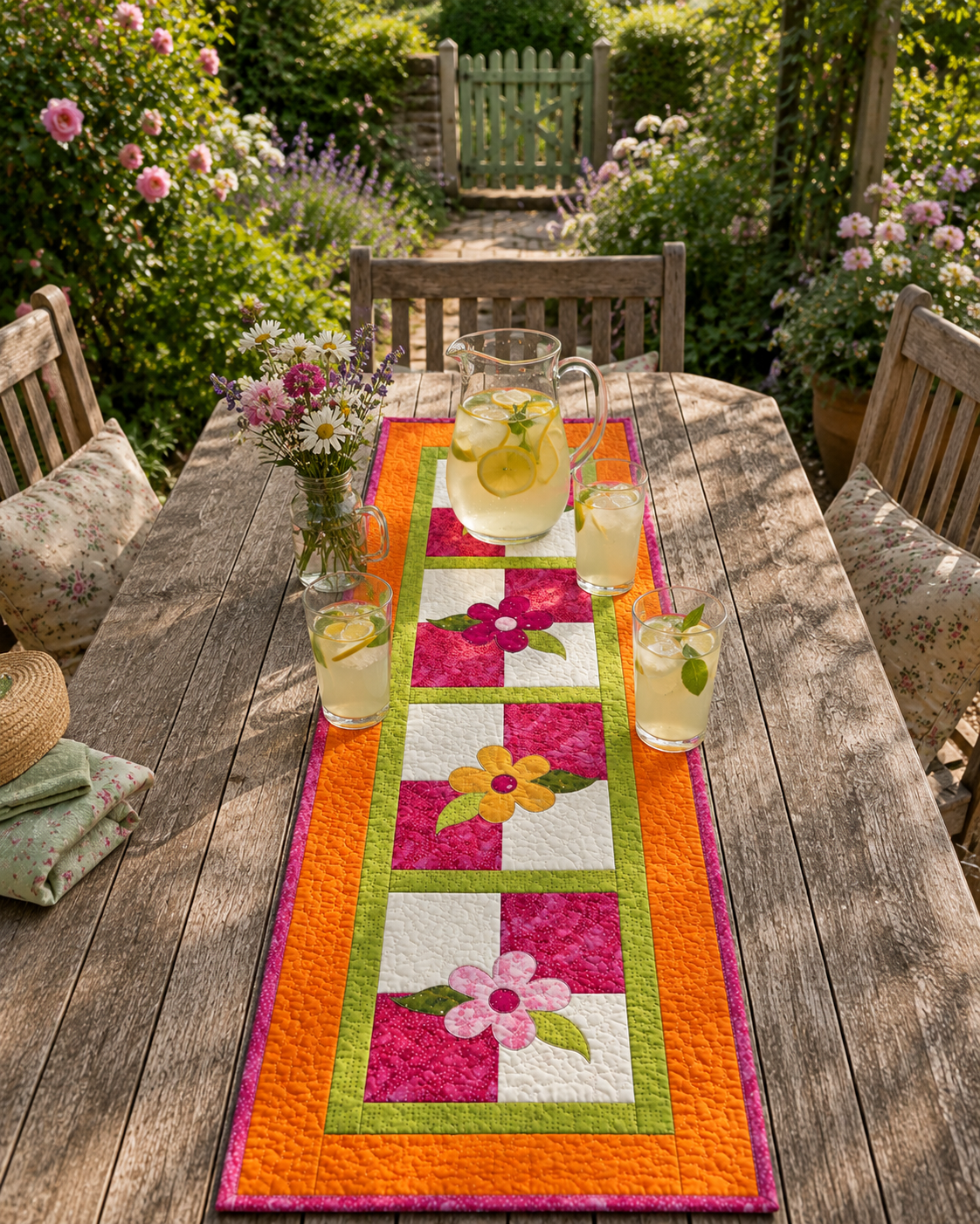 AccuQuilt GO! Funky Flowers table runner styled on an outdoor table with lemonade and garden flowers
