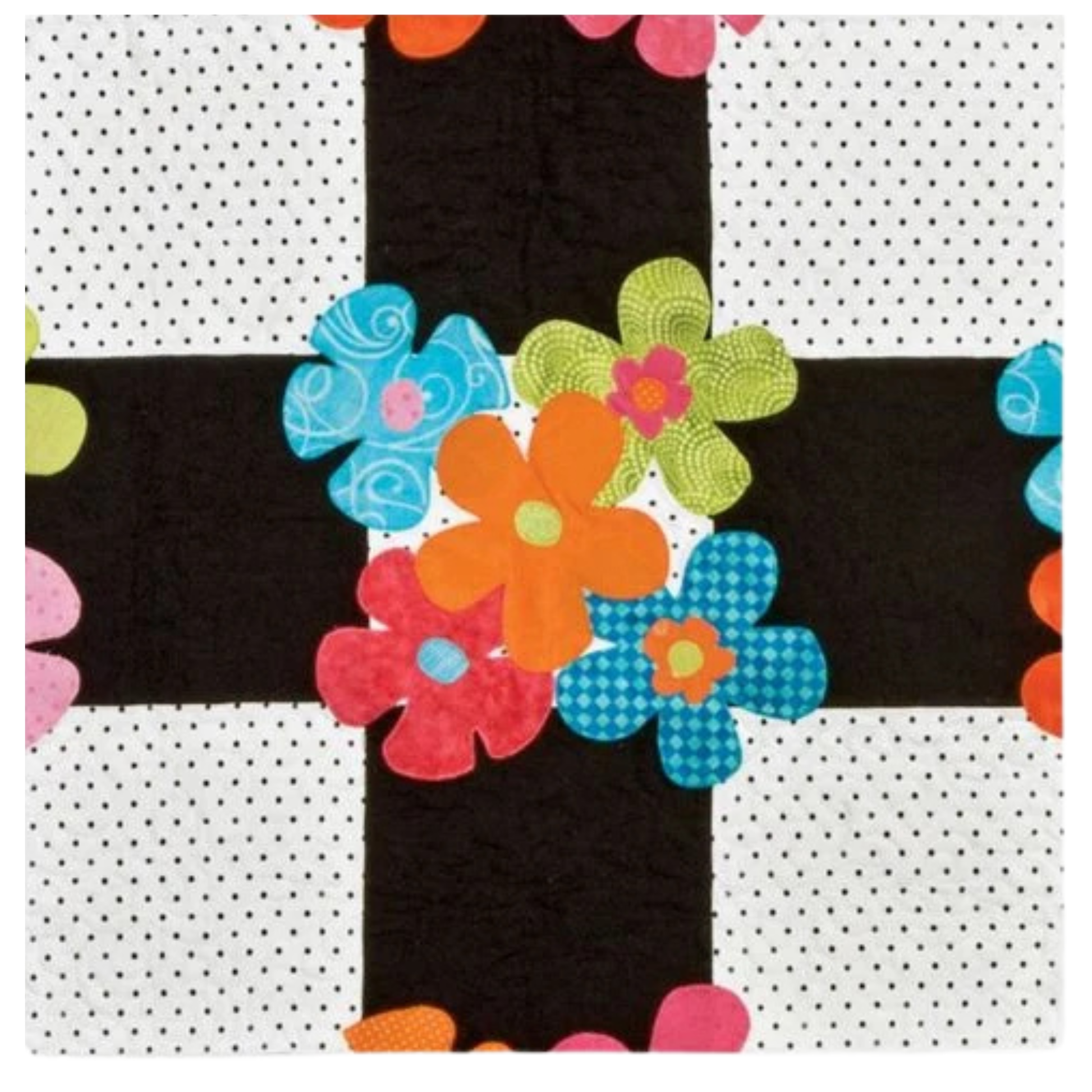 AccuQuilt GO! Funky Flowers clustered in bright colours on a black lattice and polka dot quilt block