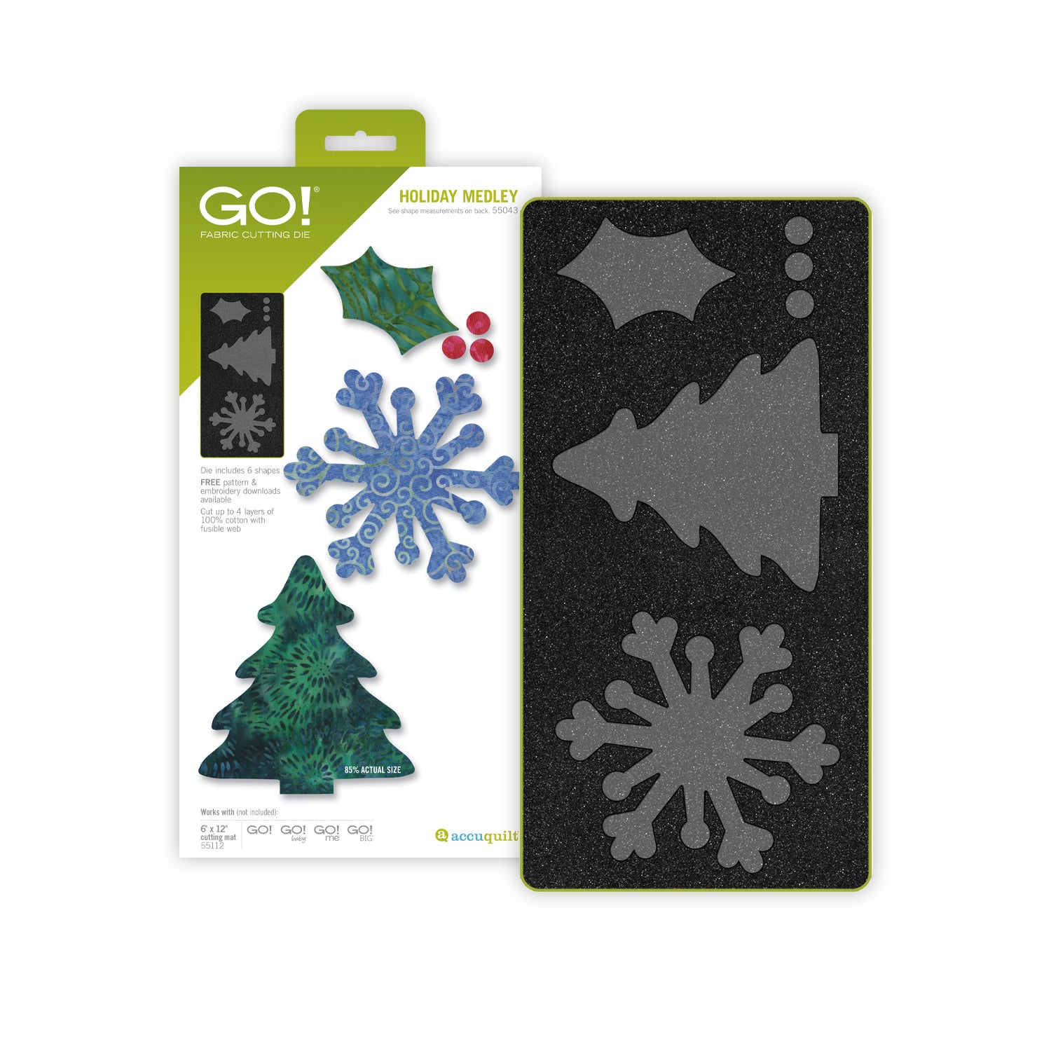 AccuQuilt GO! Holiday Medley die packaging with a green holly leaf, berries, blue snowflake and tree