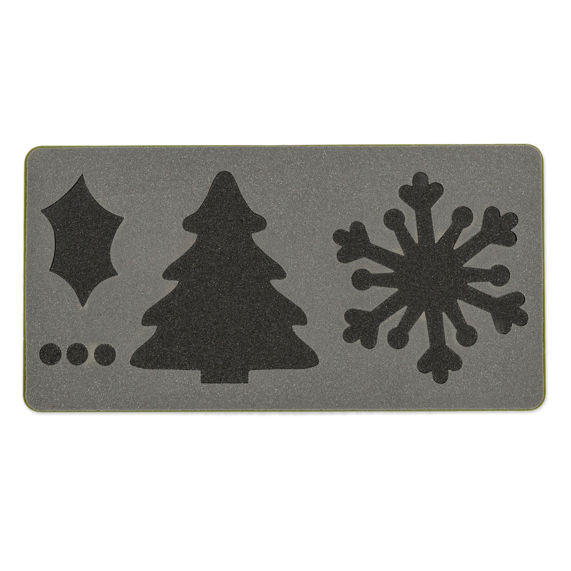 AccuQuilt GO! Holiday Medley cutting die shown flat with holly, berries, tree and snowflake shapes