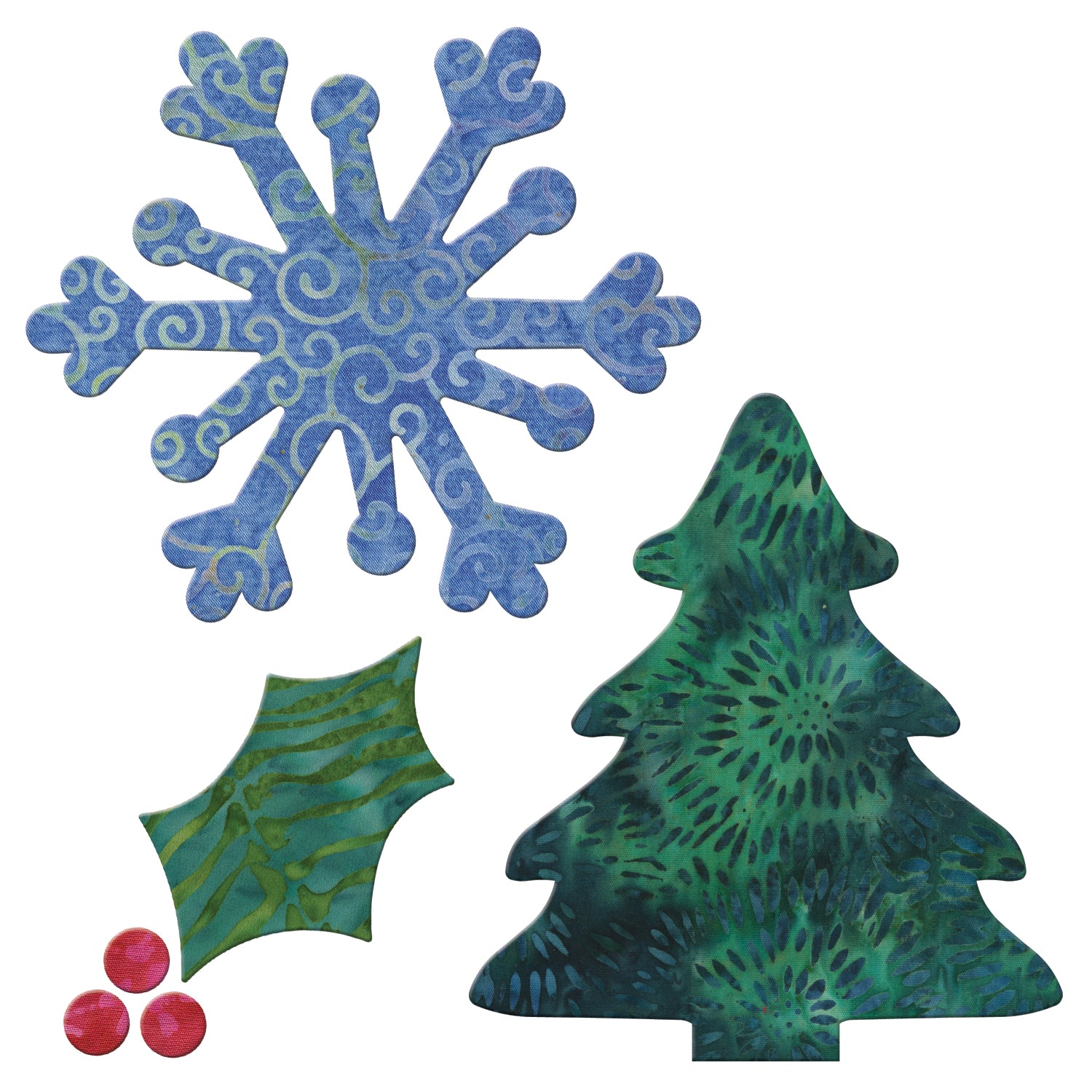 AccuQuilt GO! Holiday Medley shapes in blue swirl snowflake, green holly with red berries and green tree