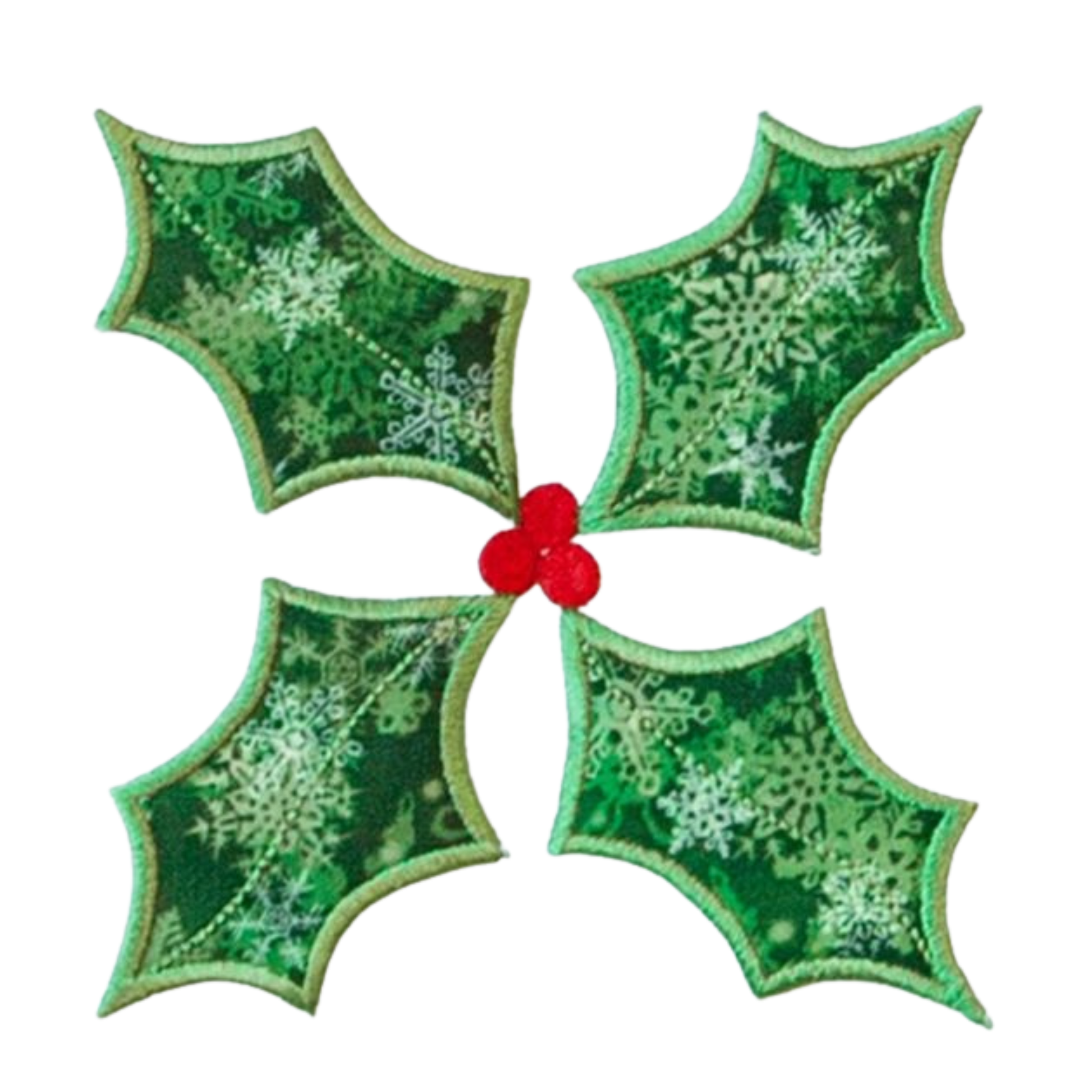 AccuQuilt GO! Holiday Medley holly leaves in a snowflake print, arranged in a pinwheel with red berries