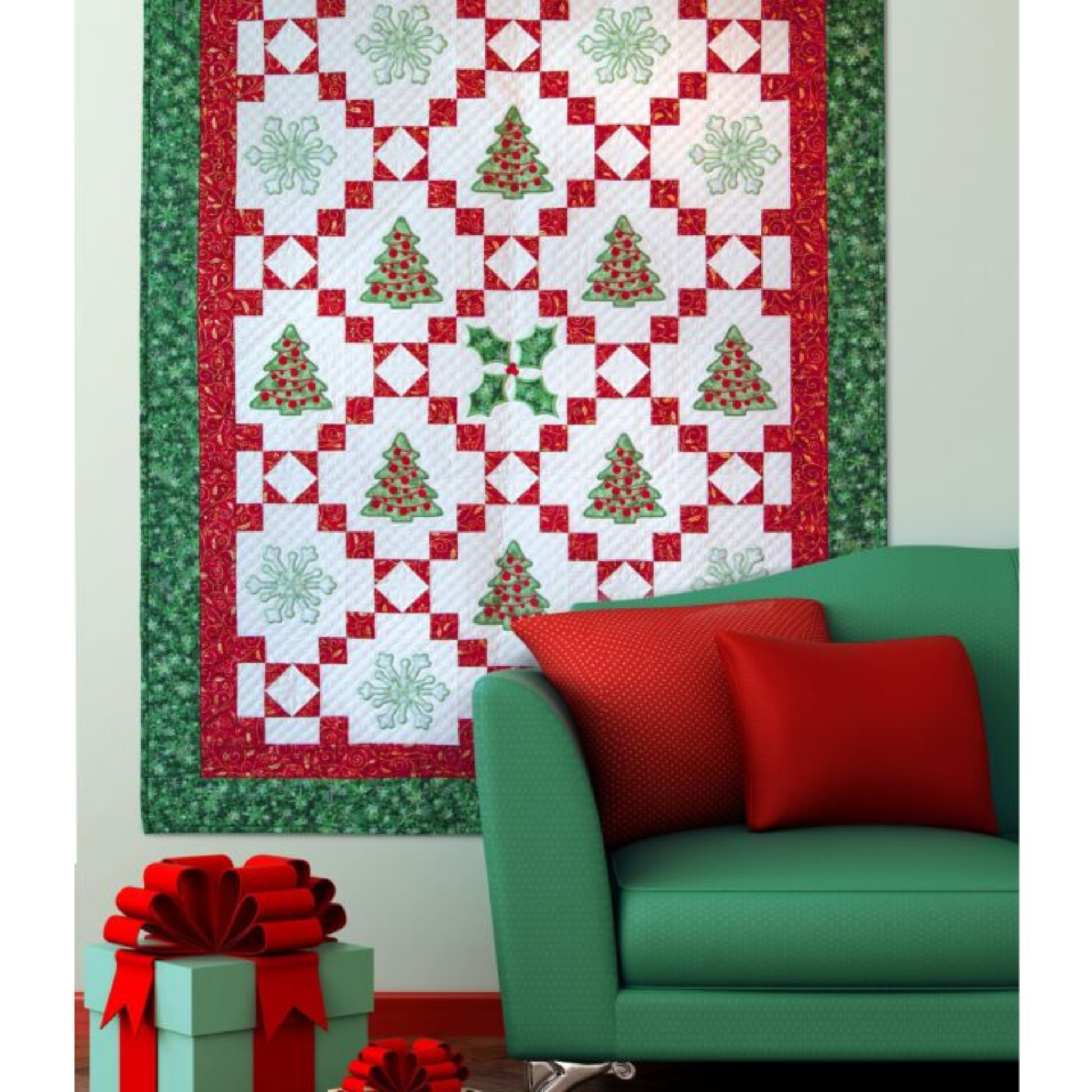 AccuQuilt GO! Holiday Medley trees, snowflakes and holly on a red and white lattice wall hanging