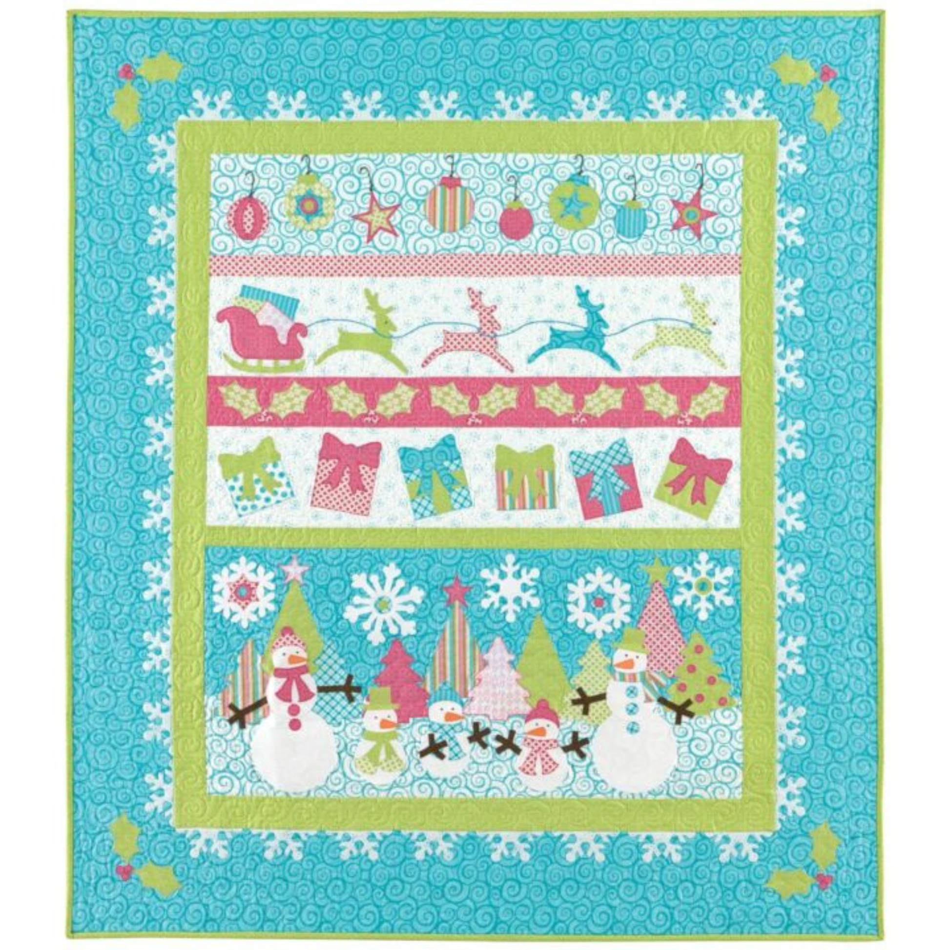 Whimsical turquoise quilt with holly border, snowflakes, reindeer, gifts, trees and snowmen rows