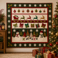 Same whimsical quilt design in red and green, with holly border, styled beside a Christmas tree