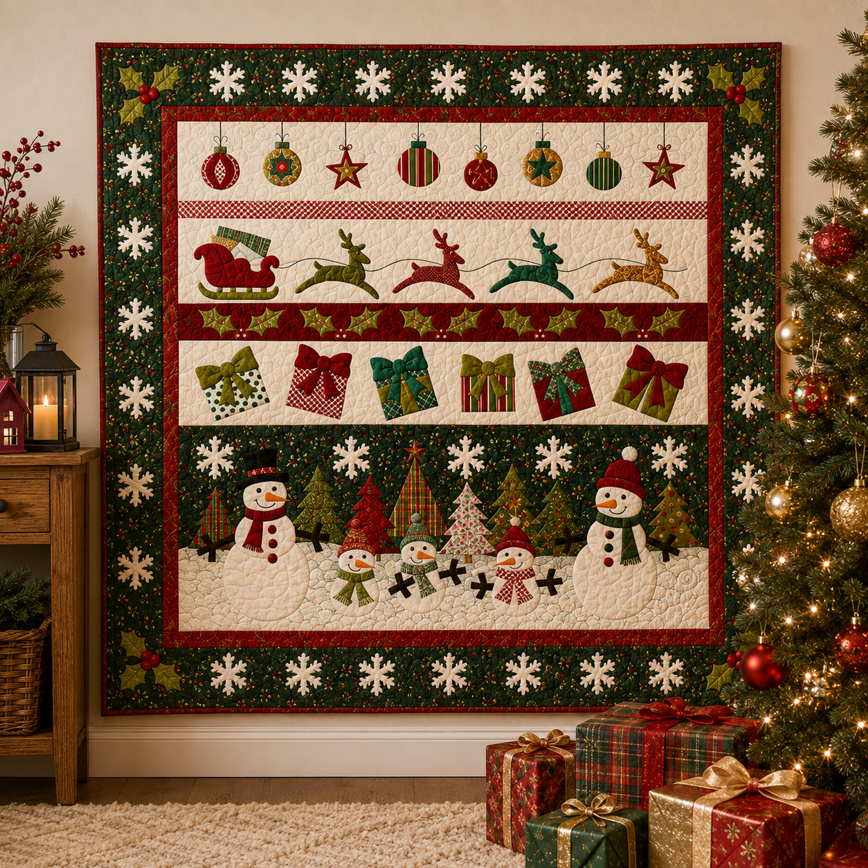 Same whimsical quilt design in red and green, with holly border, styled beside a Christmas tree