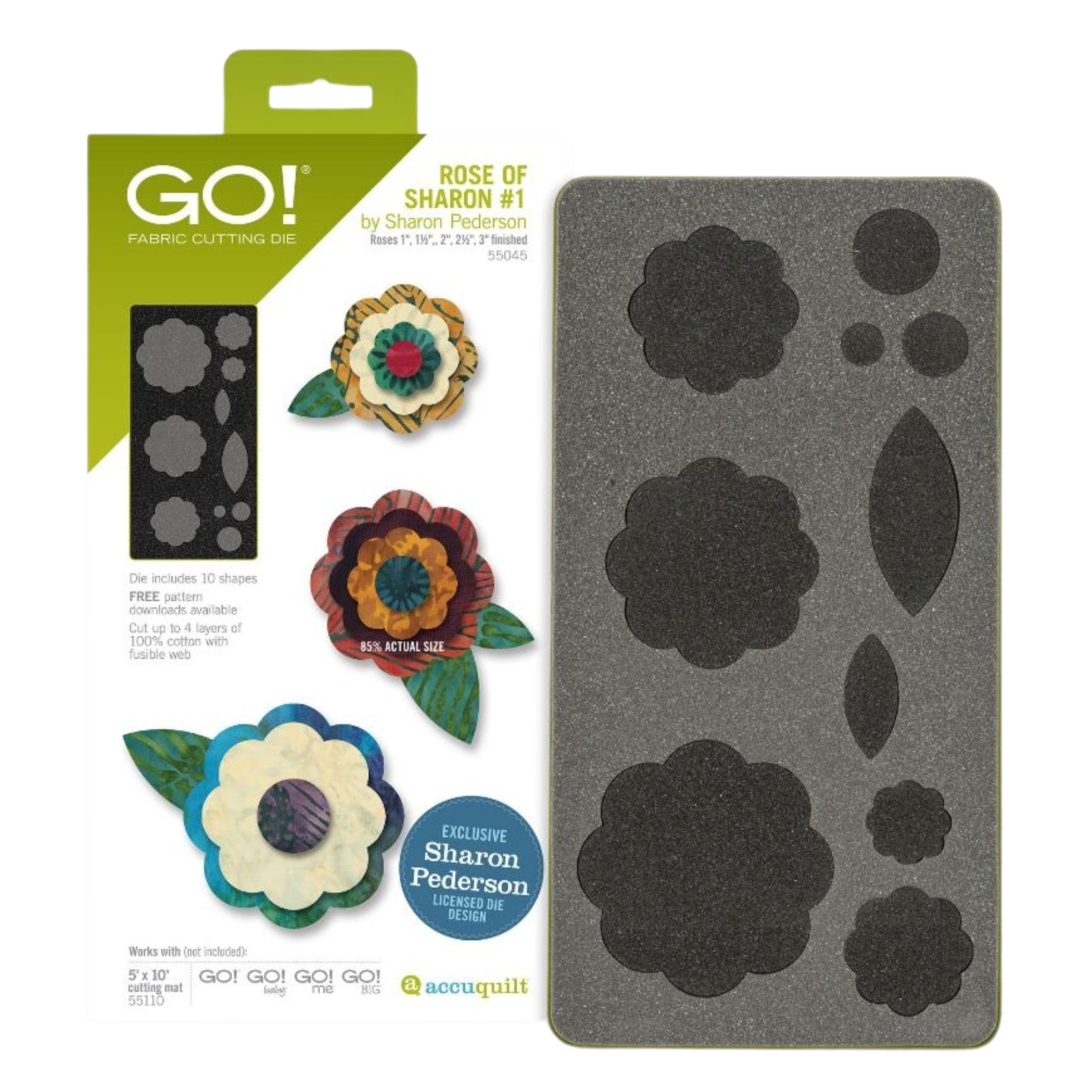 AccuQuilt GO! Rose of Sharon #1 by Sharon Pederson die packaging with three layered fabric roses
