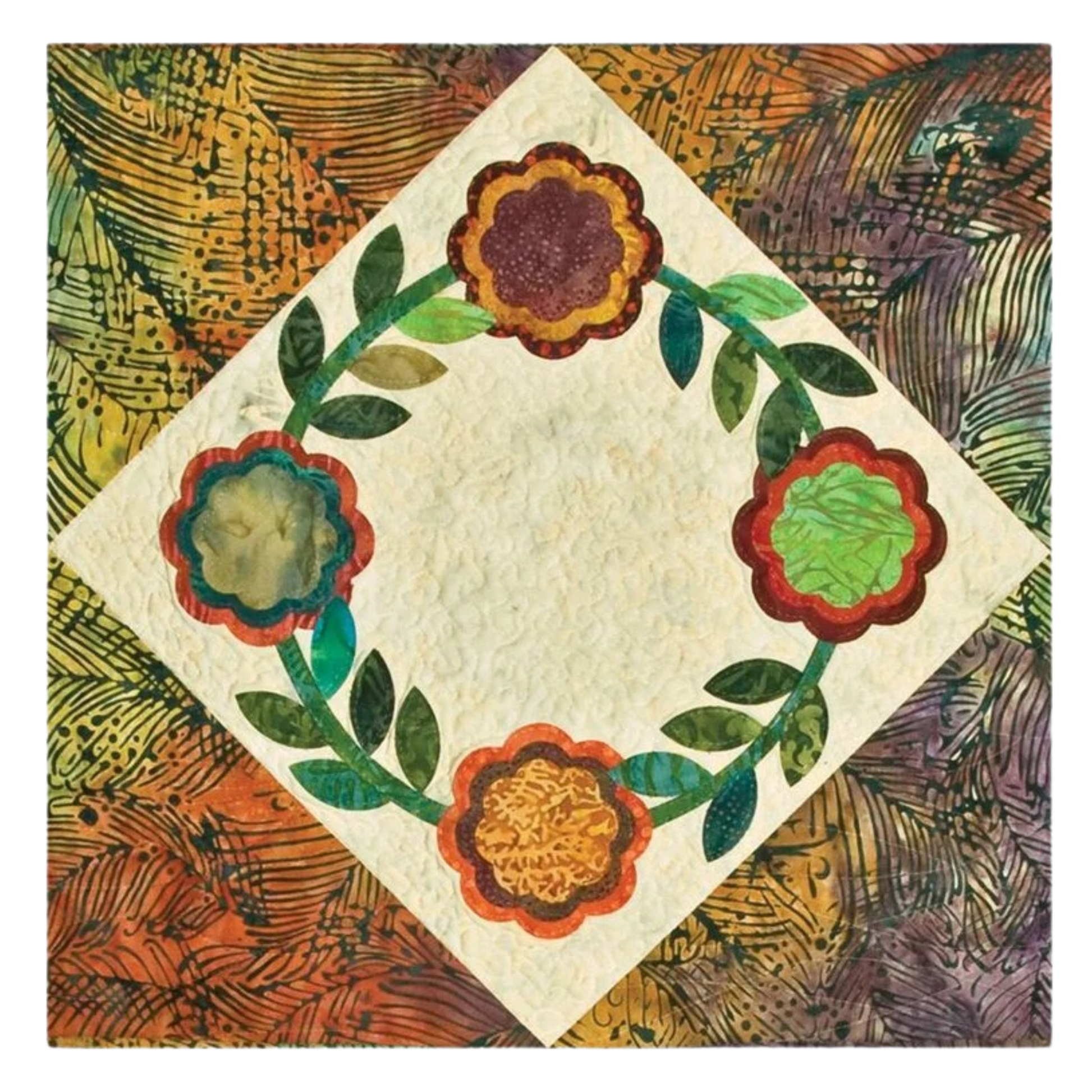 AccuQuilt GO! Rose of Sharon layered roses in purple, teal, green and orange, joined by a leafy vine