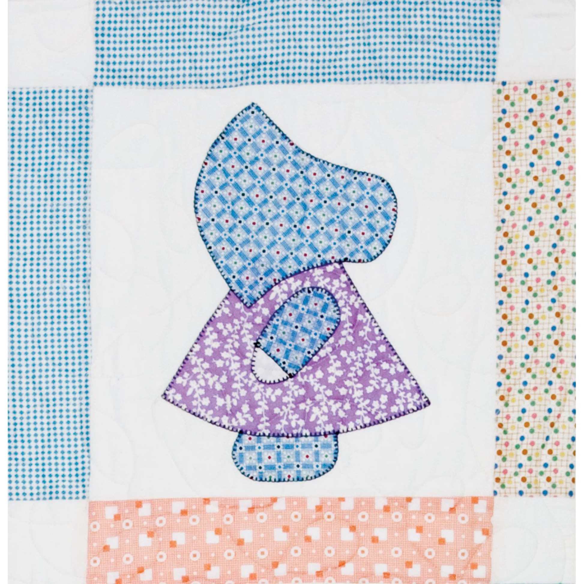 AccuQuilt GO! Sunbonnet Sue block in blue gingham bonnet and purple floral dress with blanket-stitch edges