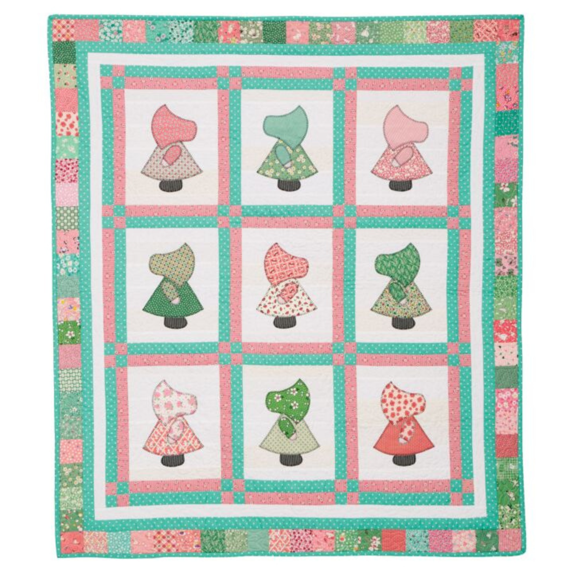 AccuQuilt GO! Sunbonnet Sue nine-block sampler quilt in pink and green with a scrappy checkerboard border