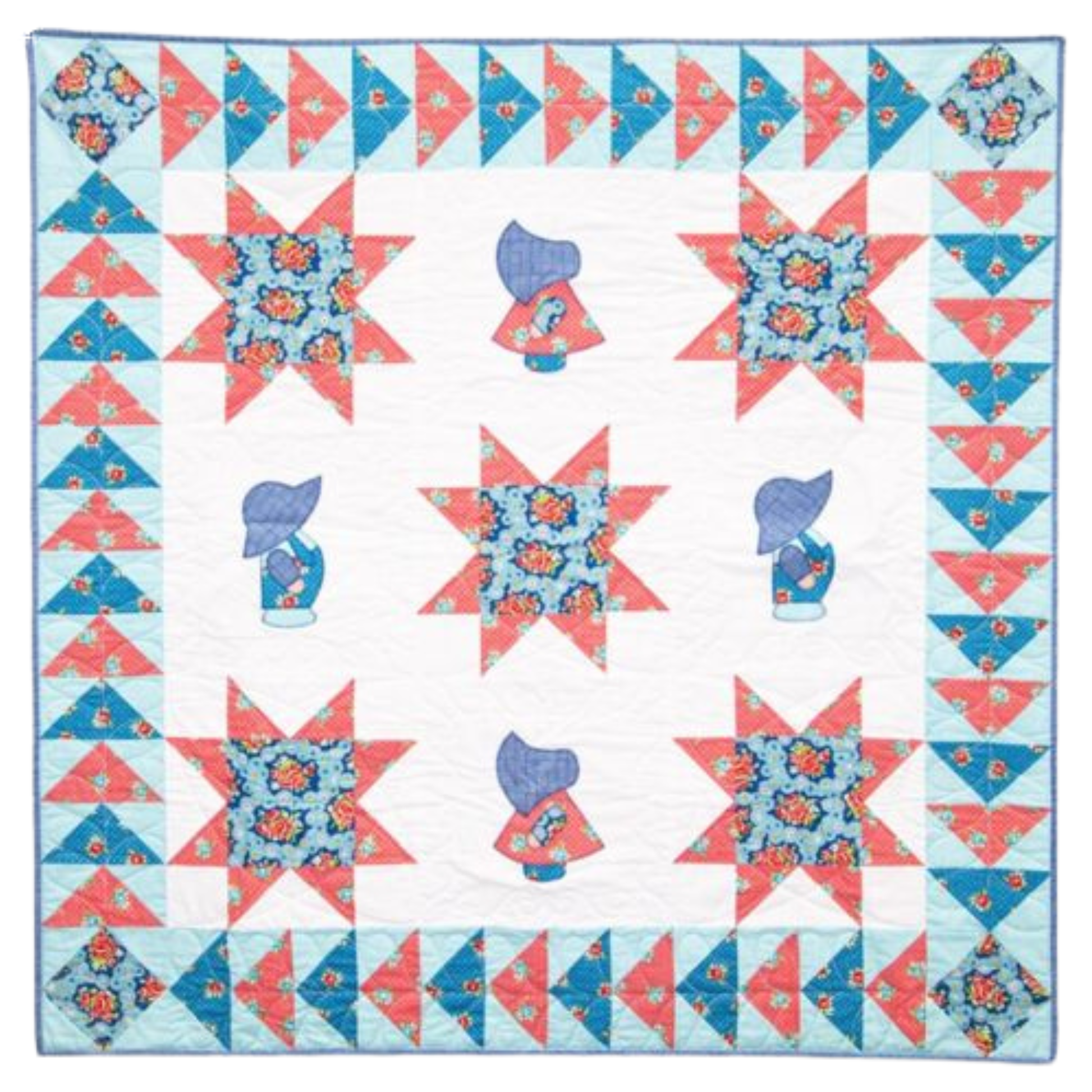 AccuQuilt GO! Overall Sam figures among pieced coral and teal star and flying geese blocks